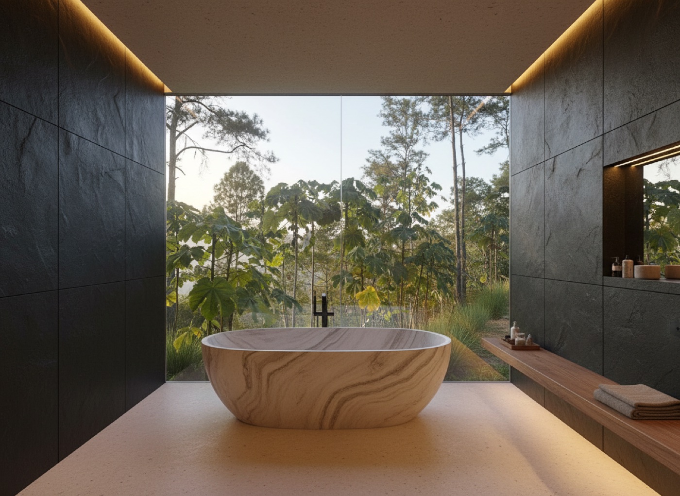 Ontwerpimpressie van een biofiele badkamer met bamboetuin